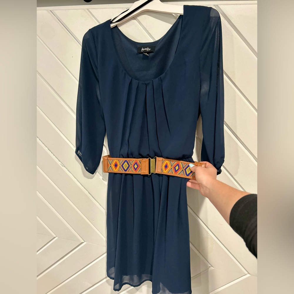 by & by Navy Long Sleeve Dress with Colorful Belt - Women’s Small